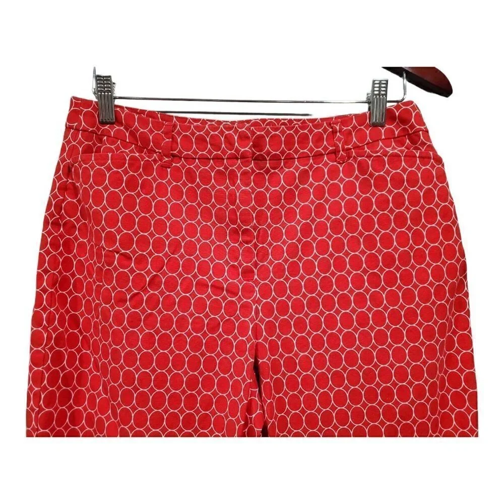 Talbots Women Cropped Red White Circle Pants Pockets Capri Slit Ankle Stretch 8